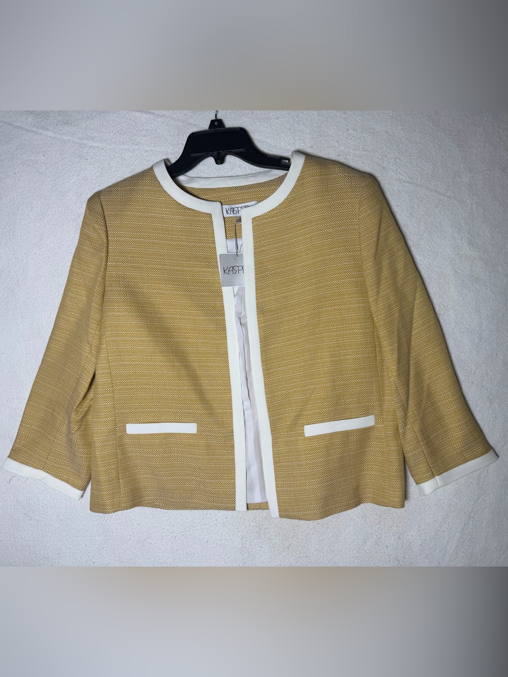 Kasper Tweed Framed Blazer Size 16 Yellow Vanilla Ice Open Front 3/4 Sleeve NWT
